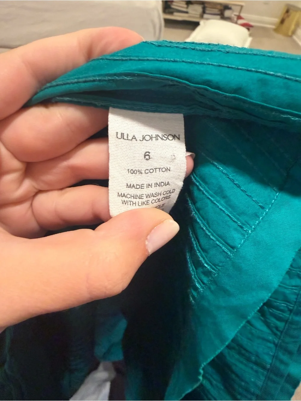 Ulla Johnson Teal V-Neck Tie-Front Peasant Blouse